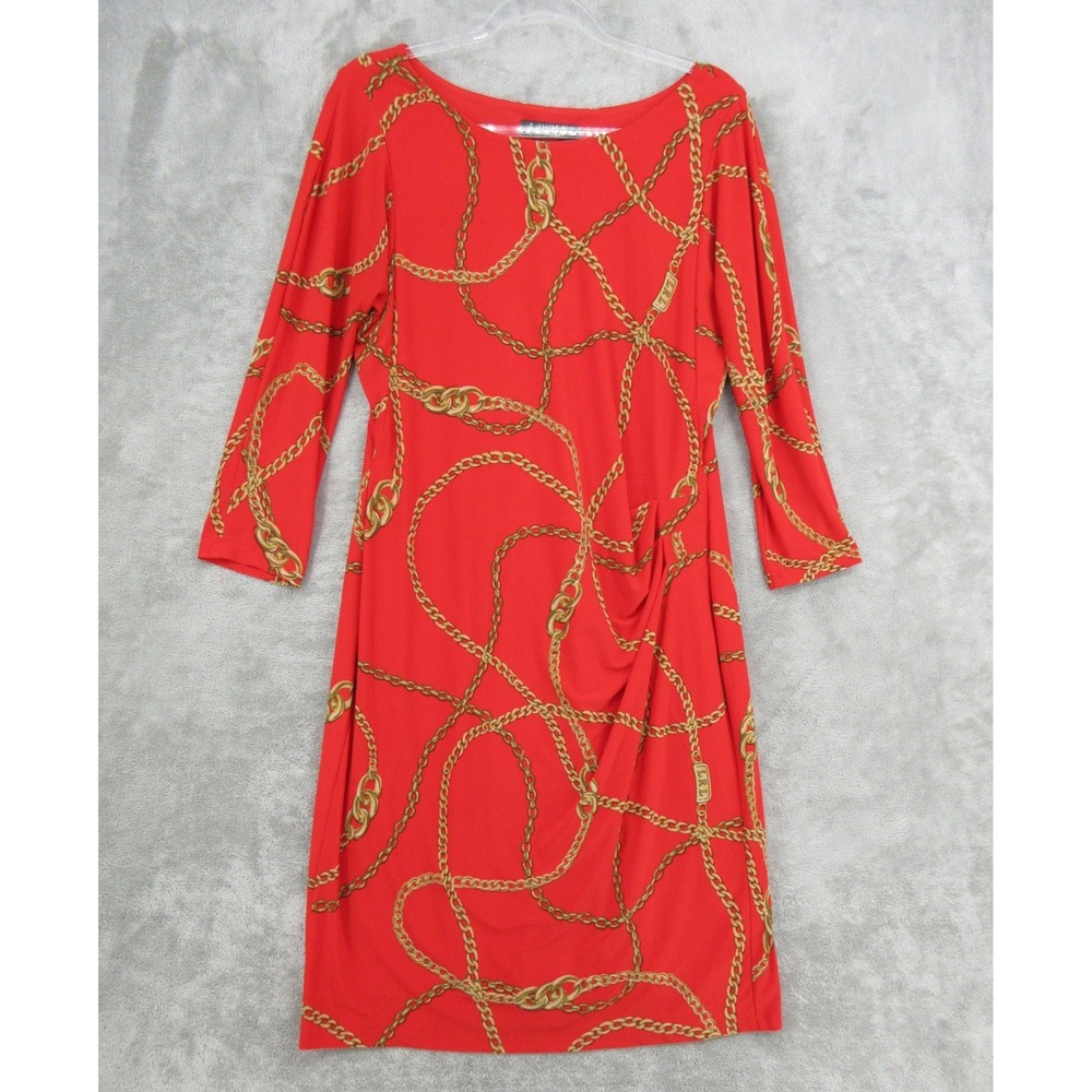 Ralph Lauren Dress Womens Size 14 Logo Chain Print Ruched Sheath Career 90s Red